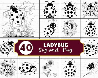 Ladybug SVG Bundle, Ladybird Beetle Silhouette PNG, Spring Garden Insect Clipart, Cut Files Cricut