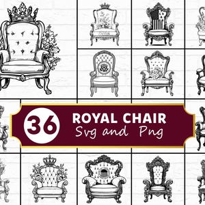 Puede incluir: Colección de 36 ilustraciones en blanco y negro de sillas reales con diversos diseños. Las sillas presentan detalles ornamentados, coronas y adornos florales. Algunas incluyen la bandera estadounidense. Texto: "ROYAL CHAIR Svg and Png".