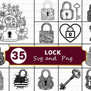 Peut inclure: Illustrations en noir et blanc de différents cadenas et clés. Les motifs comprennent des motifs floraux, des formes de cœur et des détails ornés. L'image comprend le texte "35 LOCK Svg and Png".