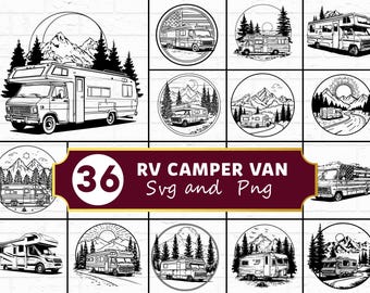 Paquete SVG PNG de autocaravana, silueta de aventura de viaje, acampada, viaje por carretera, Cricut