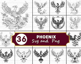 Phoenix SVG PNG Bundle, Mythical Bird Silhouette Clipart, Fire Bird Cricut Files Vector Art
