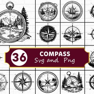 Op de afbeelding: Een verzameling van 12 zwart-wit kompasontwerpen. De kompassen tonen verschillende illustraties, waaronder landschappen, nautische thema's en sterpatronen. De afbeelding bevat ook de tekst "36 COMPASS Svg and Png".