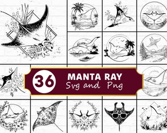 Paquete SVG de silueta de manta raya / Archivo PNG de corte de manta raya oceánica para Cricut