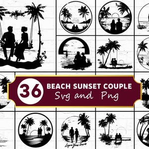 May include: Collection of 36 beach-themed SVG and PNG designs featuring couples. Silhouettes include couples on swings, walking on the beach, and watching sunsets. Palm trees and ocean scenes are prominent.