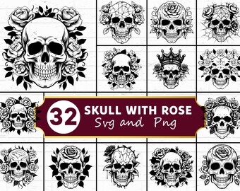 Skull with Rose SVG PNG Bundle, Gothic Silhouette Clipart, Halloween Floral Cricut Cut Files