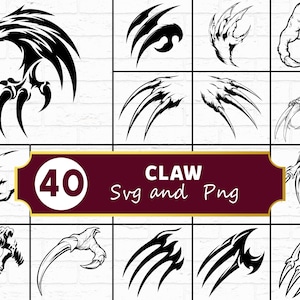 May include: A collection of 40 black and white claw and eagle SVG and PNG designs. The designs include various claw illustrations and an eagle with sharp talons. The text "CLAW" and "40 Svg and Png" are displayed on a maroon banner.