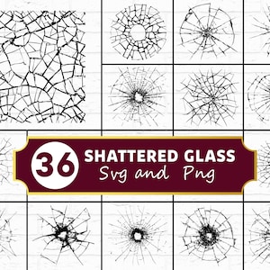 割れたガラスのSVG PNGバンドル、割れた窓のシルエットクリップアート、割れた鏡のCricutカットファイル