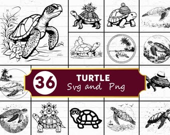 Pakiet SVG PNG z żółwiem, clipart z sylwetkami zwierząt morskich, pliki Cricut z plażą oceaniczną, życie morskie