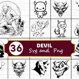 May include: A collection of 36 devil-themed SVG and PNG graphics. The images feature various depictions of devils, including cartoon-style characters, detailed illustrations, and demonic faces. The designs are in black and white.