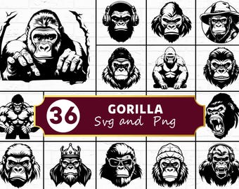 Gorilla SVG PNG Bundle, Gorilla Silhouette Clipart, Wild Animal Jungle Cricut Cut Files Vector