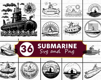 Bundel met SVG- en PNG-bestanden van onderzeeërs, nautische marinesilhouet-clipart, onderwater militaire Cricut-snijbestanden
