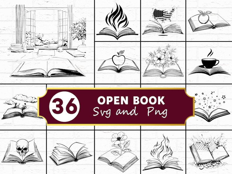 Open Book SVG PNG Bundle, Reading Silhouette Clipart, Library Cricut ...
