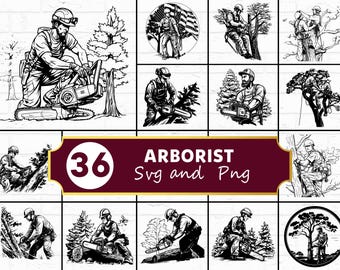 Paquete de archivos SVG y PNG de arborista, imágenes prediseñadas de siluetas de trabajadores forestales, archivos de corte Cricut de leñador, vector de bosque