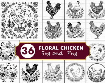 Paquete de archivos SVG de gallinas florales, silueta de gallina de granja en formato PNG, imágenes prediseñadas de flores campestres, vector de mandala de gallo