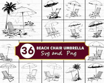 Strandstoel en parasol SVG-bundel, zomervakantie silhouet png, tropische oceaan clipart, kust