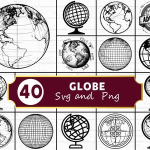 Op de afbeelding: Een verzameling van 12 zwart-wit illustraties van globes. De globes variëren in stijl, waaronder gedetailleerde lijntekeningen, silhouetten en rasterpatronen. De afbeelding bevat ook de tekst "40 GLOBE Svg and Png".