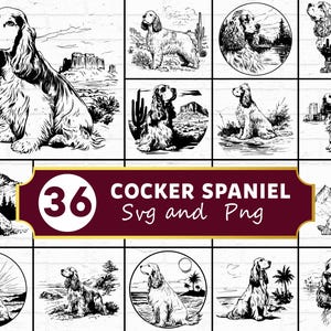 Könnte beinhalten: Sammlung von 36 Cocker Spaniel SVG- und PNG-Bildern in Schwarzweiß. Die Illustrationen zeigen Cocker Spaniels in verschiedenen Umgebungen, darunter Landschaften mit Bergen, Wüsten und Küsten. Geeignet für digitale Designprojekte.
