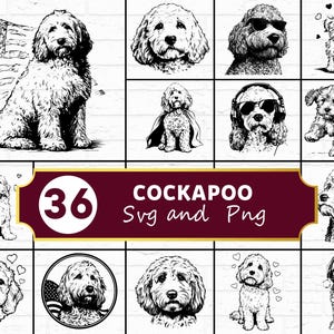 Puede incluir: Una colección de 36 imágenes SVG y PNG de Cockapoo en blanco y negro. Las imágenes muestran varias ilustraciones de Cockapoo, incluyendo perros con gafas de sol, auriculares y gorros de Papá Noel. Una imagen presenta un perro con una bandera americana.
