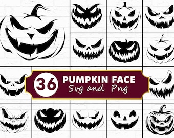 Pumpkin Face SVG PNG Bundle, Halloween Jack O Lantern Silhouette, Spooky Cricut Cut Files