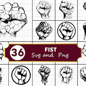May include: Collection of 36 fist designs in SVG and PNG formats. The illustrations feature various styles, including cracked textures, floral patterns, and patriotic themes. The designs are in black and white, with a bold, graphic aesthetic.