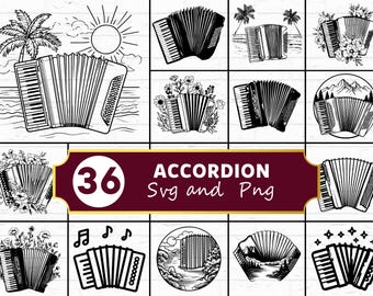 Paquete SVG de silueta de acordeón / Instrumento de música folclórica SVG PNG Clipart para Cricut