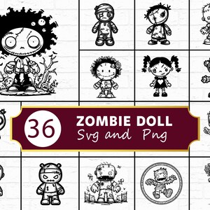 May include: A collection of 36 black and white zombie doll designs in SVG and PNG formats. The image features various cartoon zombie dolls with stitched features, bandages, and spooky expressions. The designs are suitable for Halloween-themed projects.