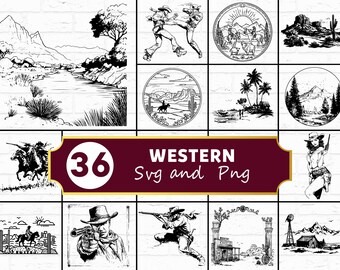 Paquete SVG de silueta occidental / PNG de rancho vaquero occidental para Cricut