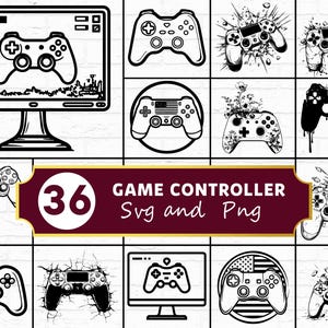 May include: A collection of 36 game controller designs in SVG and PNG formats. The image features various black and white illustrations of game controllers, including designs on a computer screen and within a circle. The text "GAME CONTROLLER" is also present.