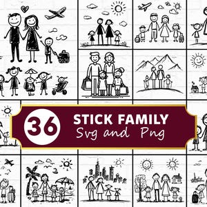 May include: A selection of black and white stick figure family illustrations. The images show families in different scenarios, such as travel, outdoor activities, and daily life. The text "36 STICK FAMILY Svg and Png" is on a maroon banner.