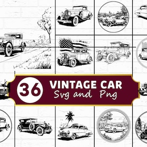 May include: A collection of 36 vintage car SVG and PNG images in black and white. The images show classic cars in different settings, including landscapes and circular frames. Ideal for digital art and crafting projects.