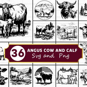 May include: A collection of 36 black and white Angus cow and calf SVG and PNG images. The images depict various scenes of cows and calves in different settings, including farms and landscapes. The text "Angus Cow and Calf" is included.
