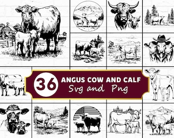 Angus Cow and Calf SVG PNG Bundle, Farm Animal Silhouette Clipart, Ranch Cricut Files