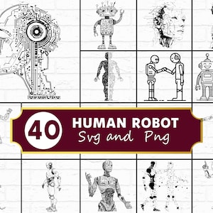 May include: A digital collection of 40 black and white illustrations featuring various human and robot designs in SVG and PNG formats. The graphics include detailed cyborg heads, retro robots, humanoid figures, and robotic characters interacting.