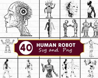 SVG-bundel met mens-robot-afbeeldingen, futuristische androïde cyborg-silhouet PNG, sciencefiction-clipart met kunstmatige intelligentie, cyberpunk