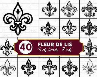 Fleur De Lis SVG Bundle, New Orleans Lily Emblem Silhouette PNG, French Royalty Crest