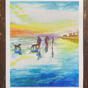 May include: A watercolor painting of four people walking on a beach with two dogs. The sky is a vibrant orange and yellow, and the water is a light blue. The people are silhouetted against the sunset.
