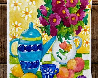 Still Life with Flowers and Fruit and Coffee Pot Watercolor