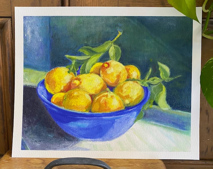 Lemons in Blue Bowl Oil Painting, Giclee Print