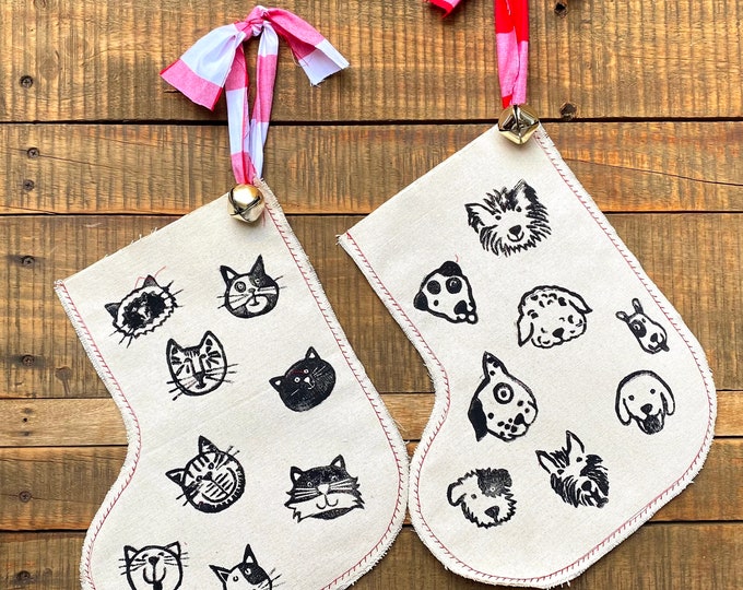 Cat and Dog Rustic Hand Printed Christmas Stockings