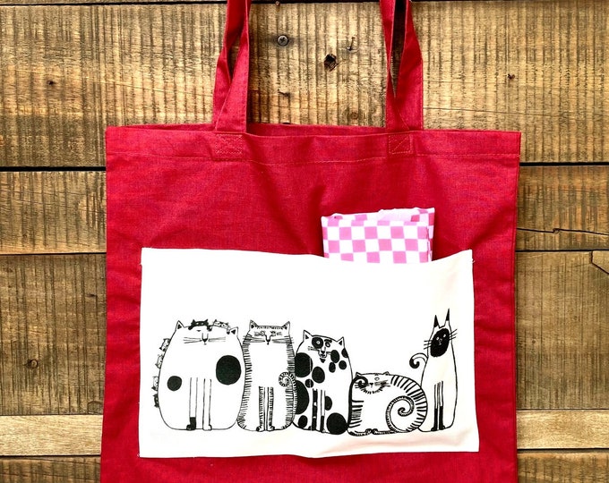 Five Cats Big Pocket Red Cotton Market Tote