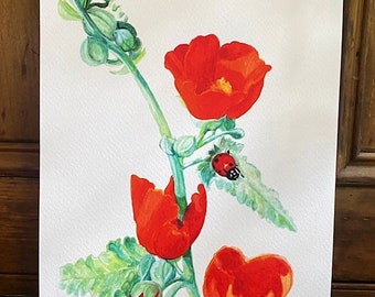 Red Flowers with Ladybug Watercolor Giclee Print 9x11