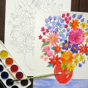 K&ouml;nnte beinhalten: Ein Aquarellbild eines Blumenstrau&szlig;es in einer roten Vase. Die Blumen sind rosa, rot, gelb, blau und lila. Die Vase steht auf einem blauen Hintergrund.