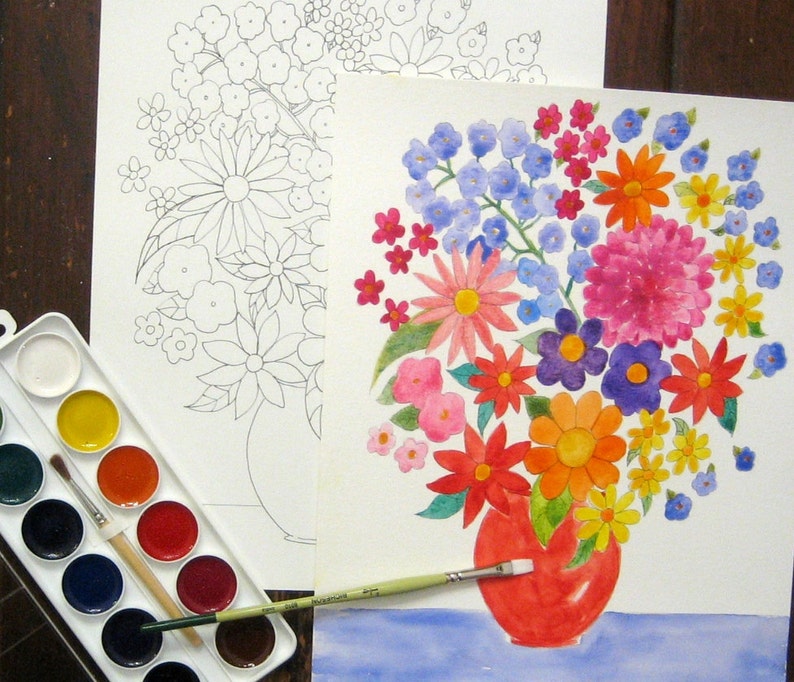 K&ouml;nnte beinhalten: Ein Aquarellbild eines Blumenstrau&szlig;es in einer roten Vase. Die Blumen sind rosa, rot, gelb, blau und lila. Die Vase steht auf einem blauen Hintergrund.