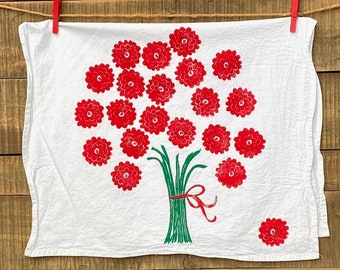 Red Flowers Hand Print Kitchen Towel