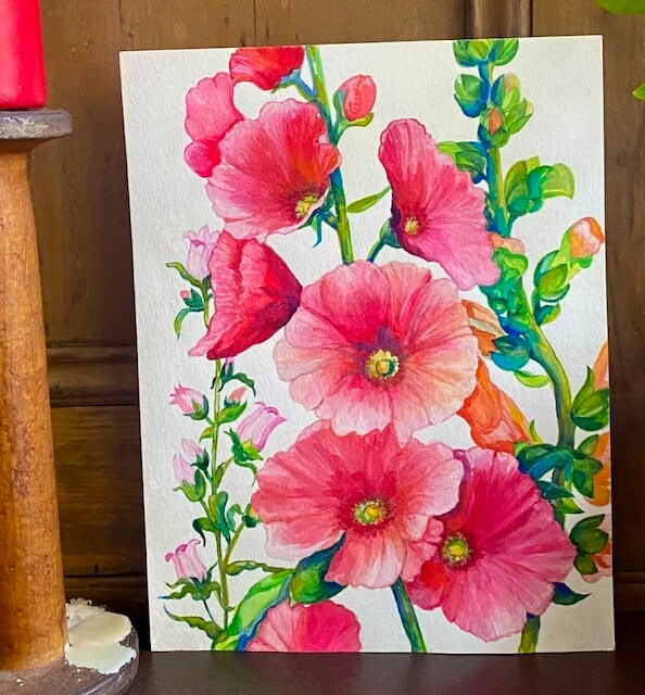 Pink Hollyhocks Original Watercolor - Etsy