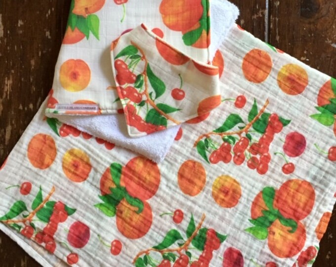 Peaches and Cherries Organic Baby Swaddle Gift Set