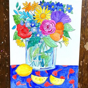May include: A colorful bouquet of flowers in a glass jar, with lemons on a blue background with red accents.
