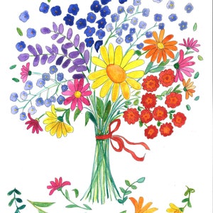 K&ouml;nnte beinhalten: Ein Aquarellbild eines Blumenstrau&szlig;es in verschiedenen Farben, darunter Blau, Lila, Gelb, Orange, Rot und Pink. Die Blumen sind mit einem roten Band zusammengebunden und von gr&uuml;nen Bl&auml;ttern umgeben.