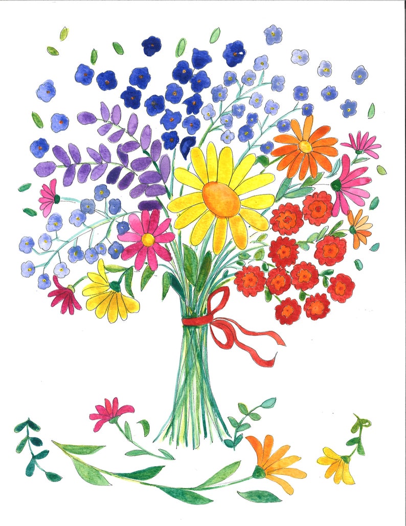 K&ouml;nnte beinhalten: Ein Aquarellbild eines Blumenstrau&szlig;es in verschiedenen Farben, darunter Blau, Lila, Gelb, Orange, Rot und Pink. Die Blumen sind mit einem roten Band zusammengebunden und von gr&uuml;nen Bl&auml;ttern umgeben.