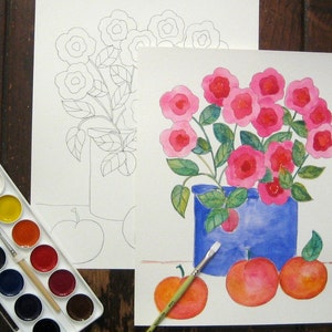 K&ouml;nnte beinhalten: Ein Aquarellbild eines Strau&szlig;es rosa Blumen in einer blauen Vase. Die Blumen sind in einer Vase mit gr&uuml;nen Bl&auml;ttern angeordnet. Das Bild ist auf wei&szlig;em Hintergrund.